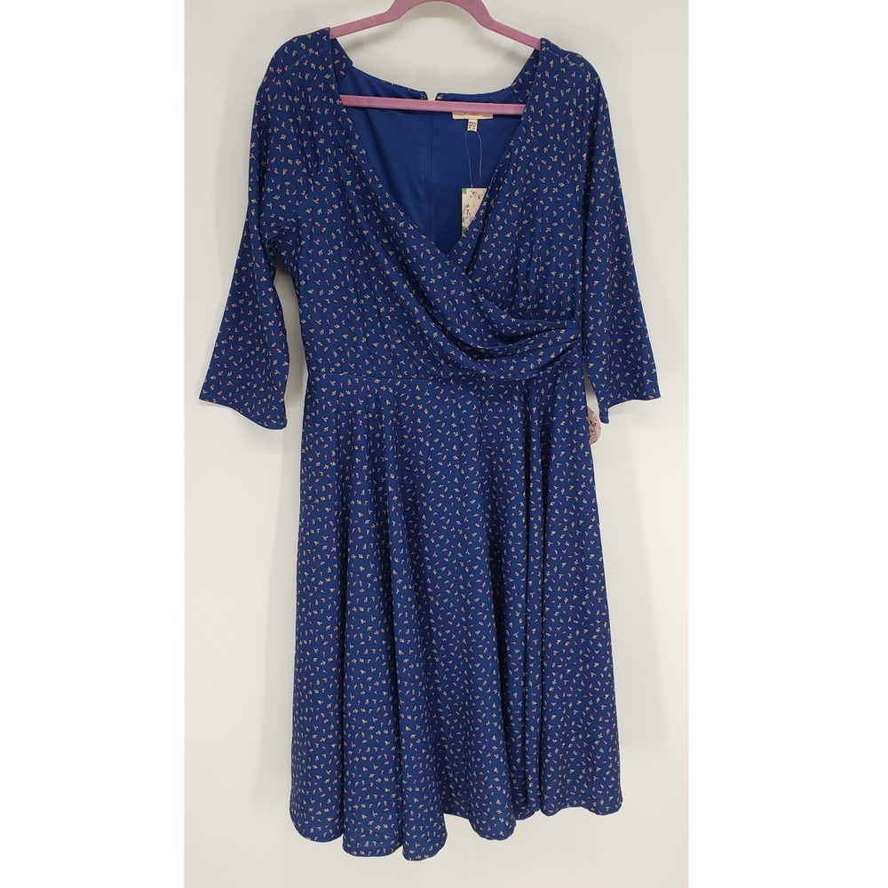 Timeless London Cherry Print Lottie Dress Women Size 12 Blue Retro V-Neck Midi